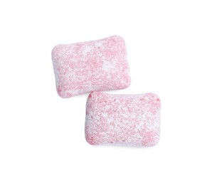 Photo of Tasty pink bubble gums isolated on white, top view