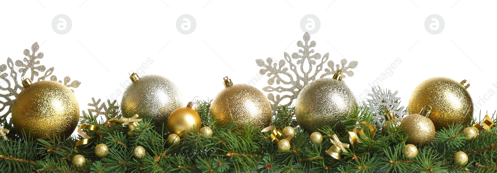 Photo of Fir tree branches with Christmas decoration on white background