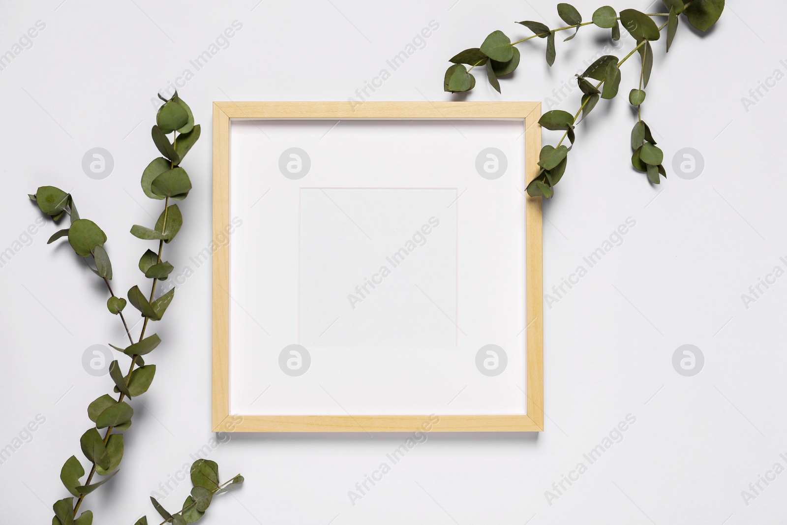 Photo of Empty photo frame and eucalyptus branches on white background, top view. Space for design