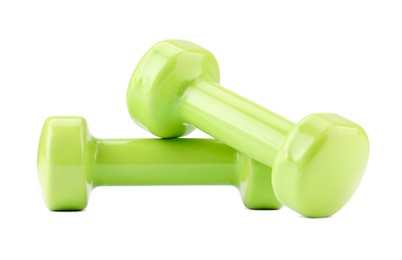 Light green dumbbells isolated on white. Sports equipment