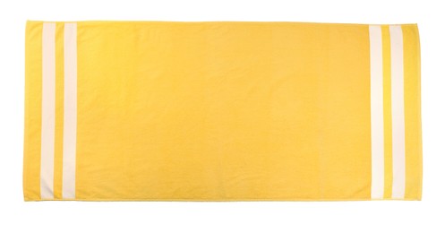 Photo of Yellow beach towel on white background, top view