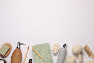Photo of Bath accessories. Different personal care products and dry spikelet on white background, flat lay with space for text
