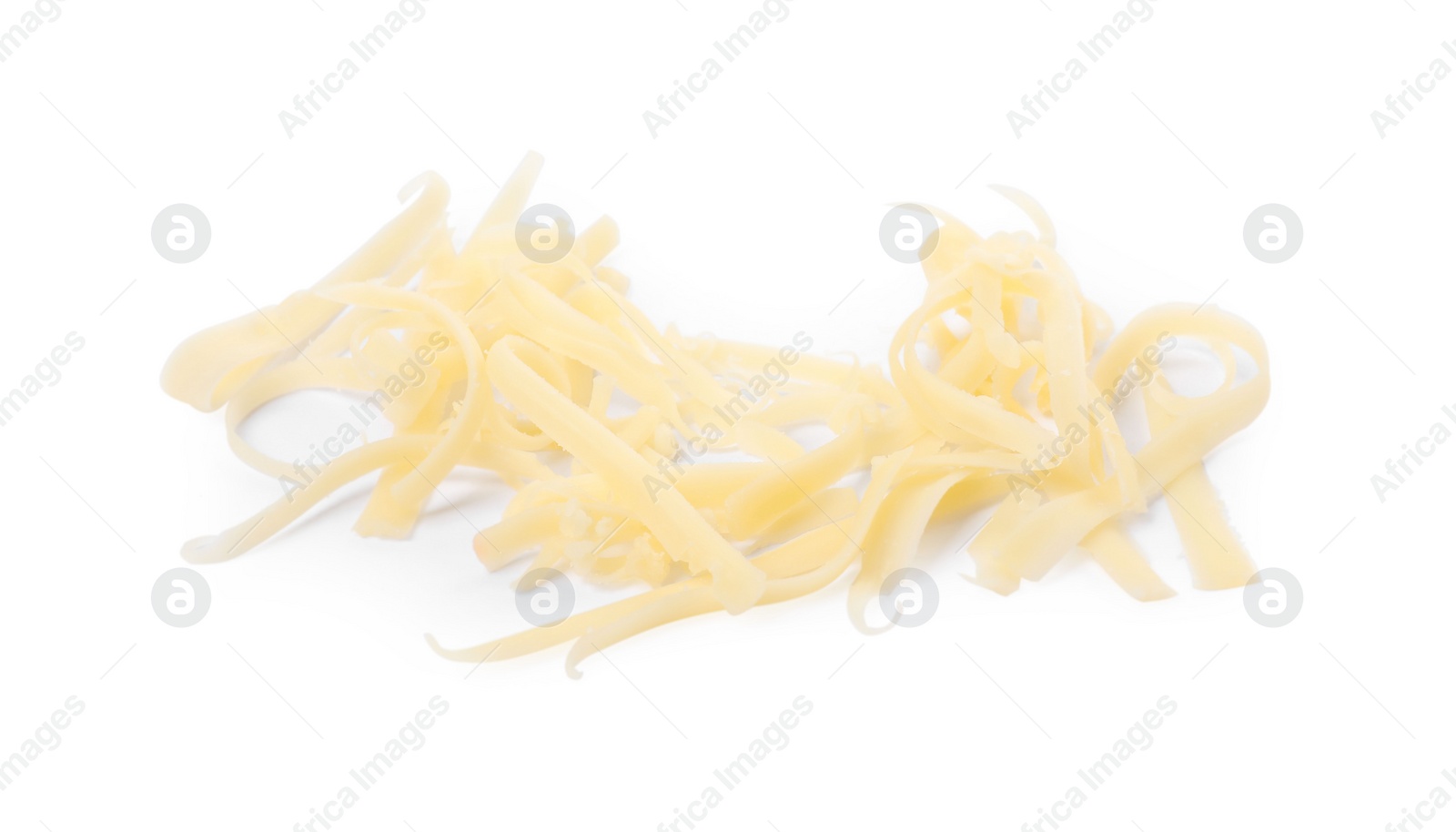 Photo of Pile of tasty grated cheese isolated on white