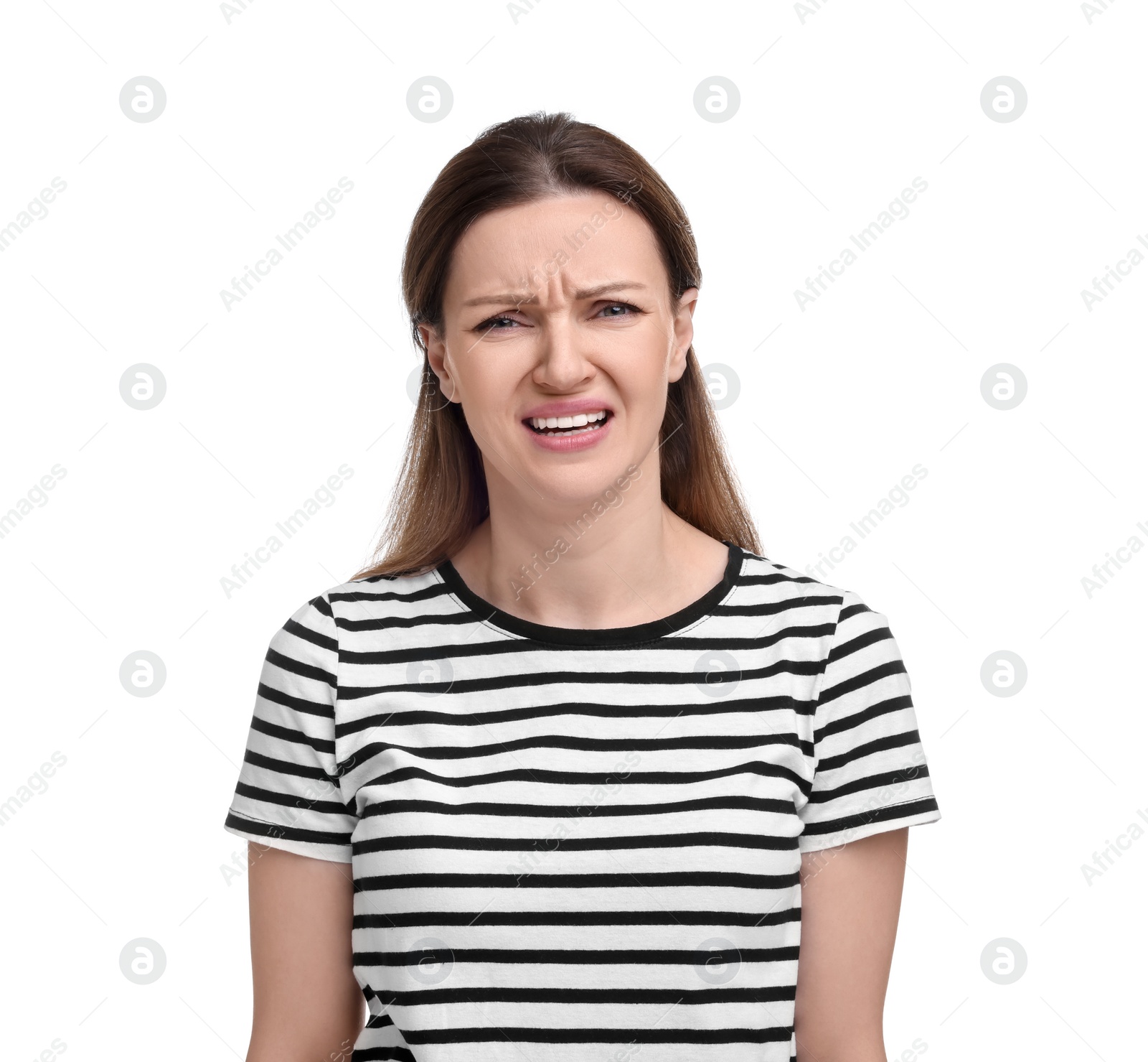 Photo of Portrait of sad woman on white background