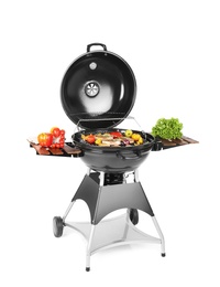 Modern barbecue grill with tasty food on white background