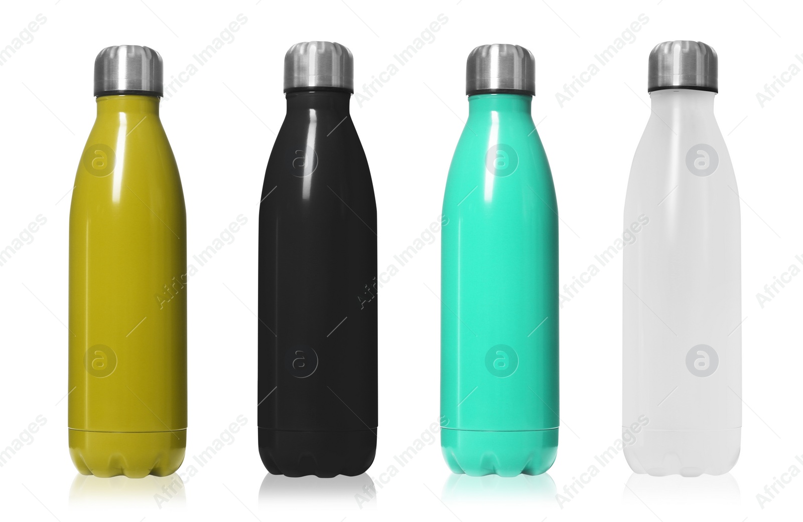 Image of Set of modern thermos bottles in different colors on white background 