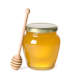 Tasty natural honey in glass jar and dipper isolated on white