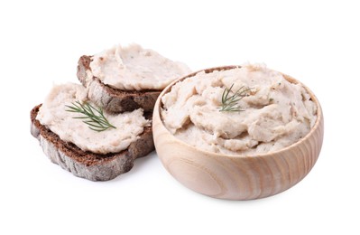 Photo of Lard spread in bowl and sandwiches isolated on white