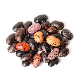 Photo of Pile of raw beans on white background, top view. Vegetable planting