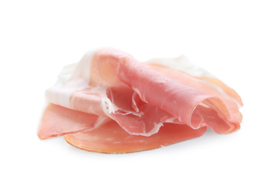 Photo of Slices of tasty prosciutto on white background