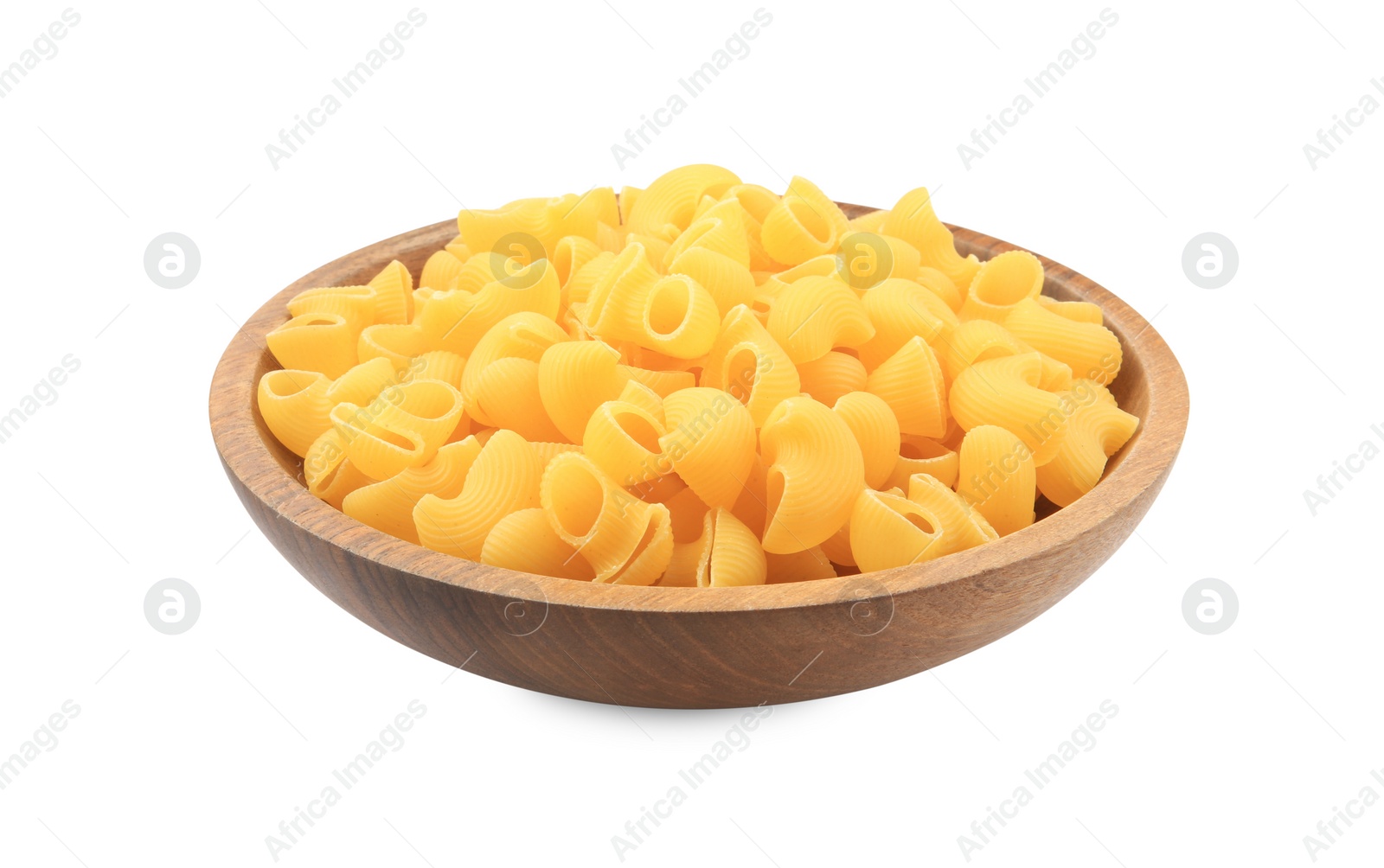 Photo of Raw horns pasta in bowl isolated on white