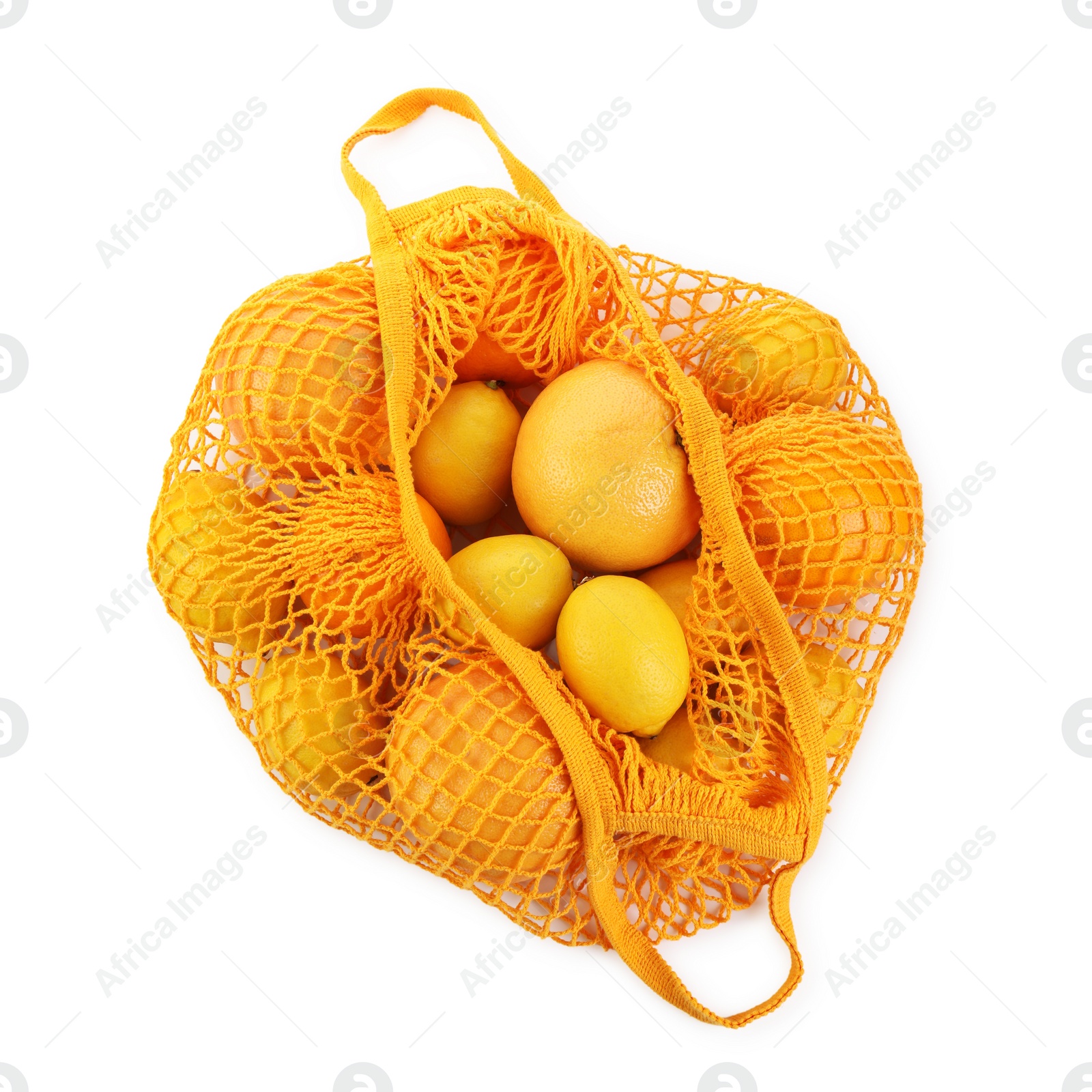 Photo of String bag with oranges and lemons isolated on white, top view