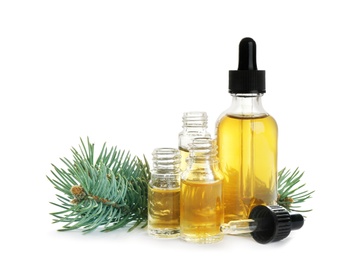 Different little bottles with essential oils and pine branch on white background