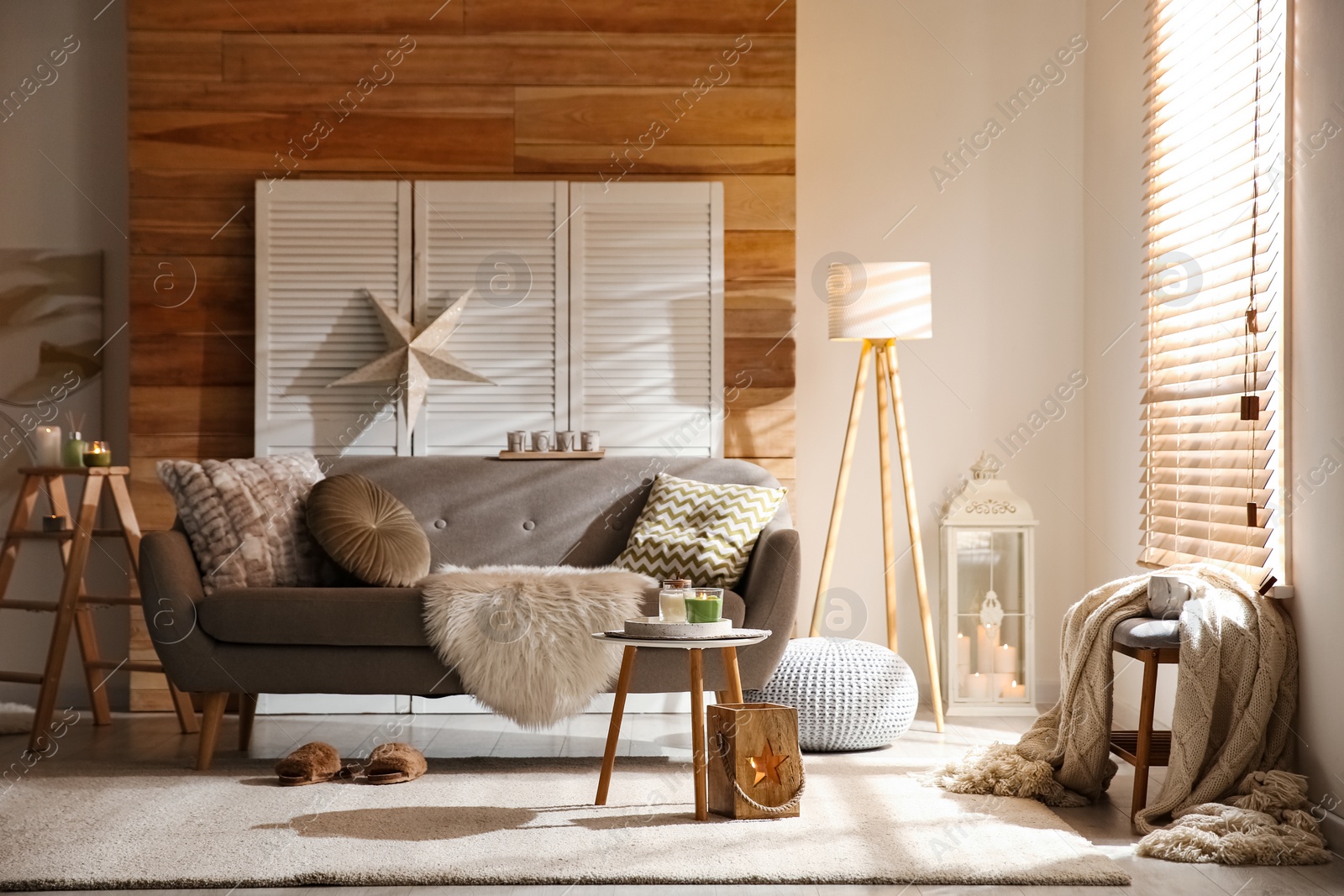 Photo of Spacious living room interior with comfortable sofa