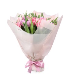 Photo of Beautiful bouquet of tulips on white background, top view