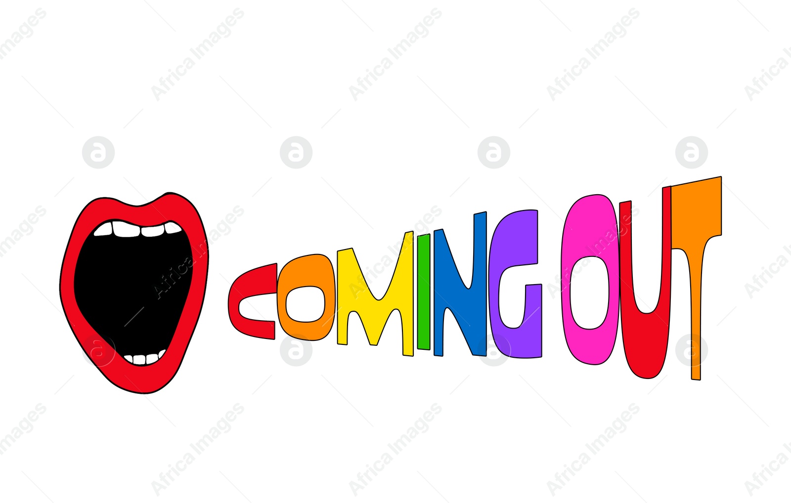 Illustration of Coming Out phrase shouting from mouth on white background, illustration