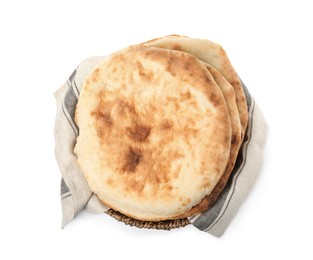 Photo of Wicker bowl with delicious fresh pita bread on white background, top view