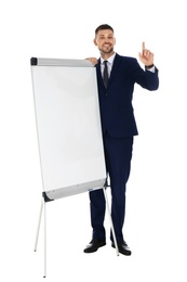 Professional business trainer near flip chart board on white background. Space for text