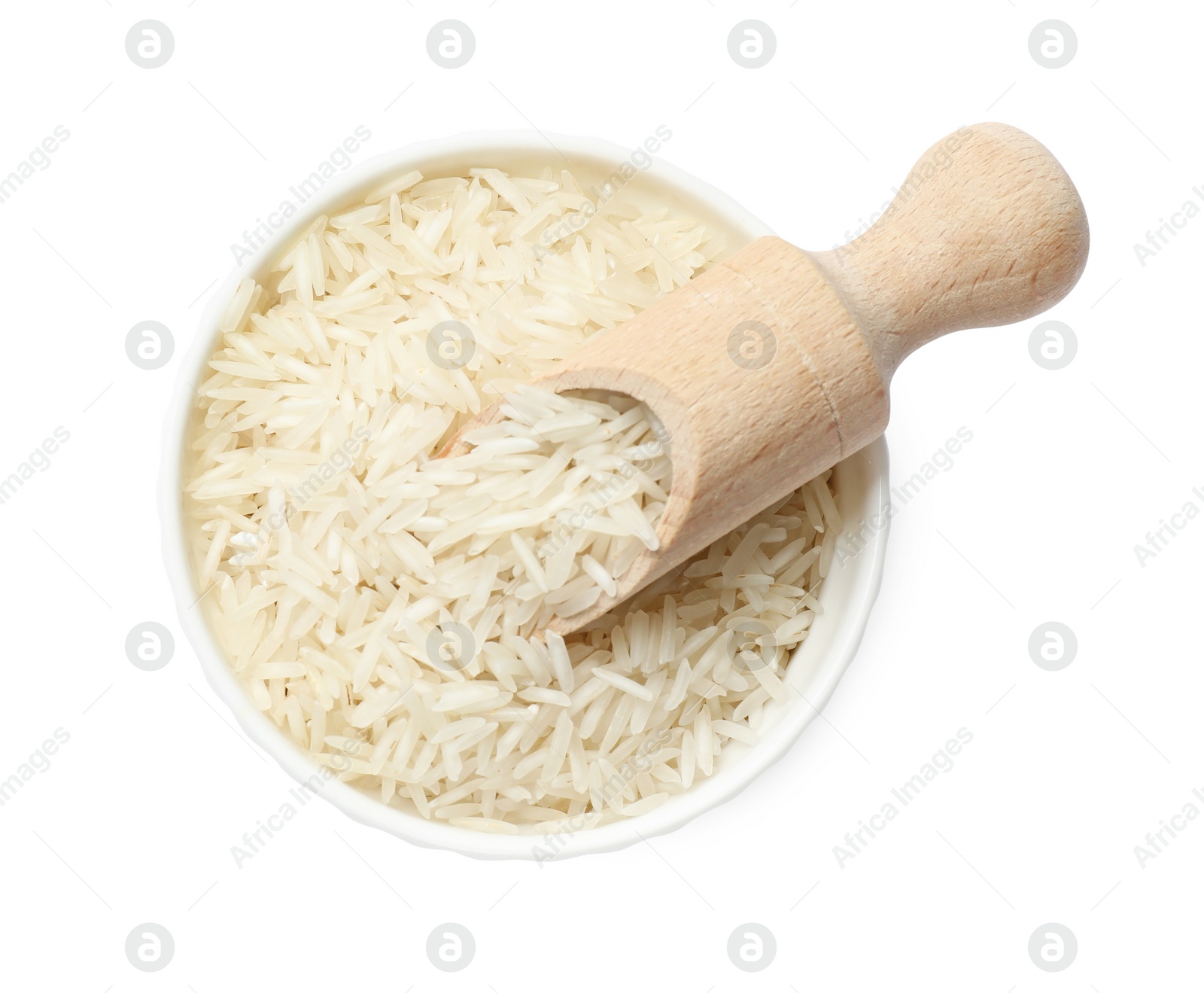 Photo of Raw basmati rice in bowl and scoop isolated on white, top view