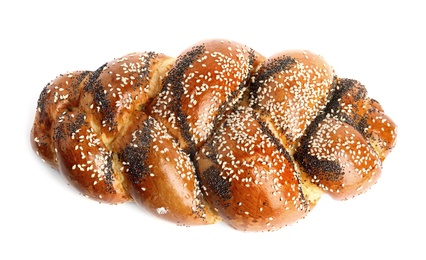 Fresh pastry with sesame and poppy seeds on white background, top view