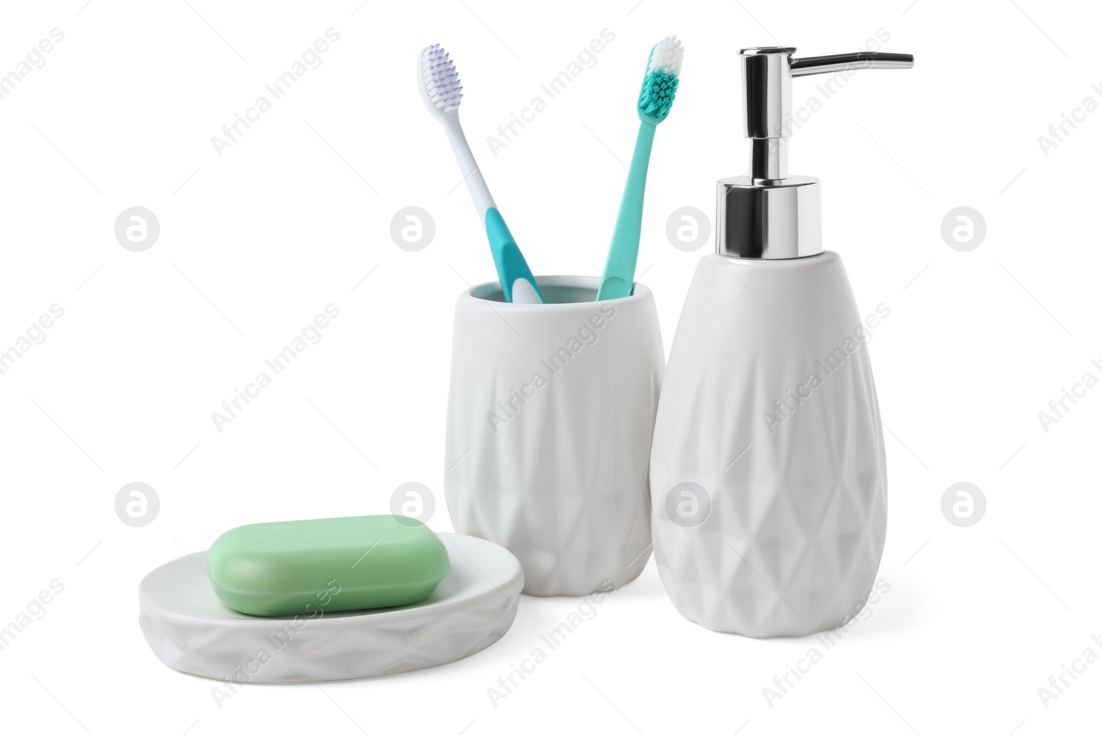 Photo of Bath accessories. Different personal care products isolated on white