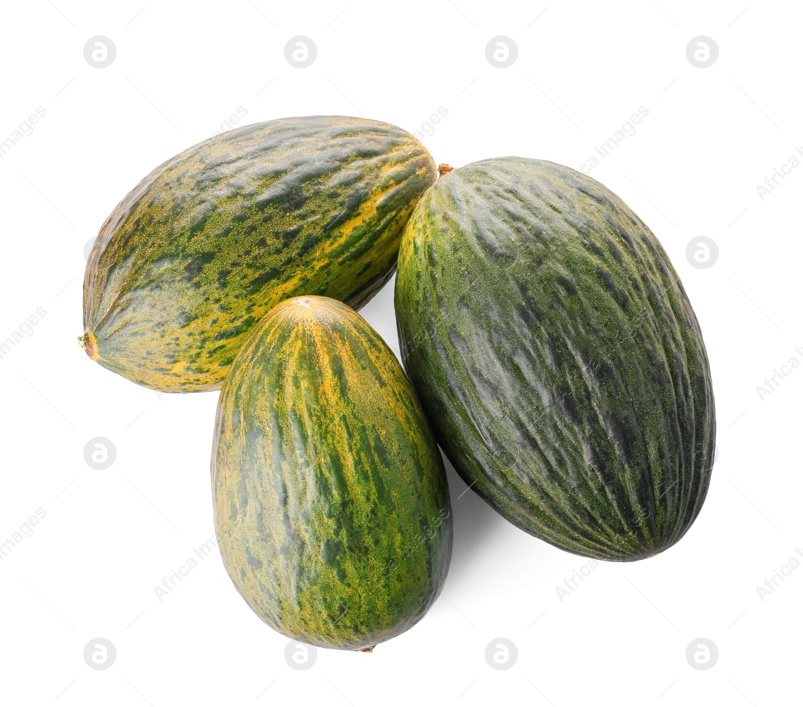 Photo of Whole tasty ripe melons on white background, top view