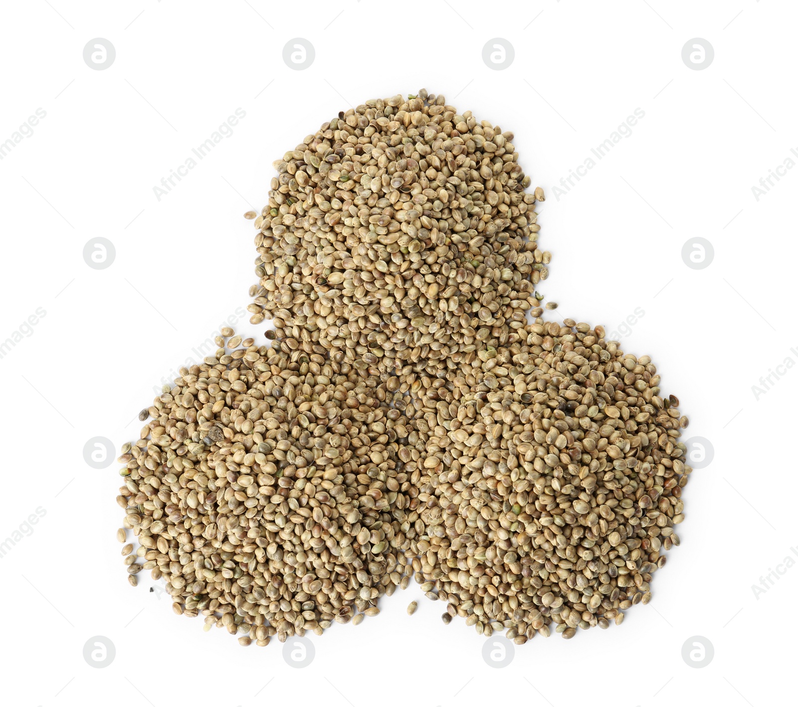 Photo of Piles of hemp seeds on white background, top view