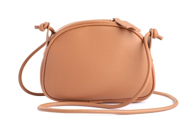 Photo of Stylish light brown leather handbag isolated on white