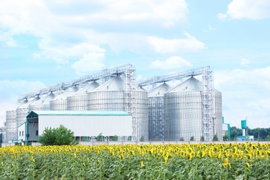 Row of modern granaries for storing cereal grains in field