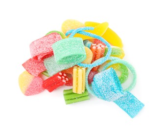 Photo of Pile of tasty colorful jelly candies on white background, top view