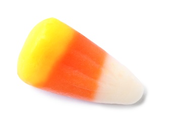 Photo of Colorful candy corn for Halloween party on white background