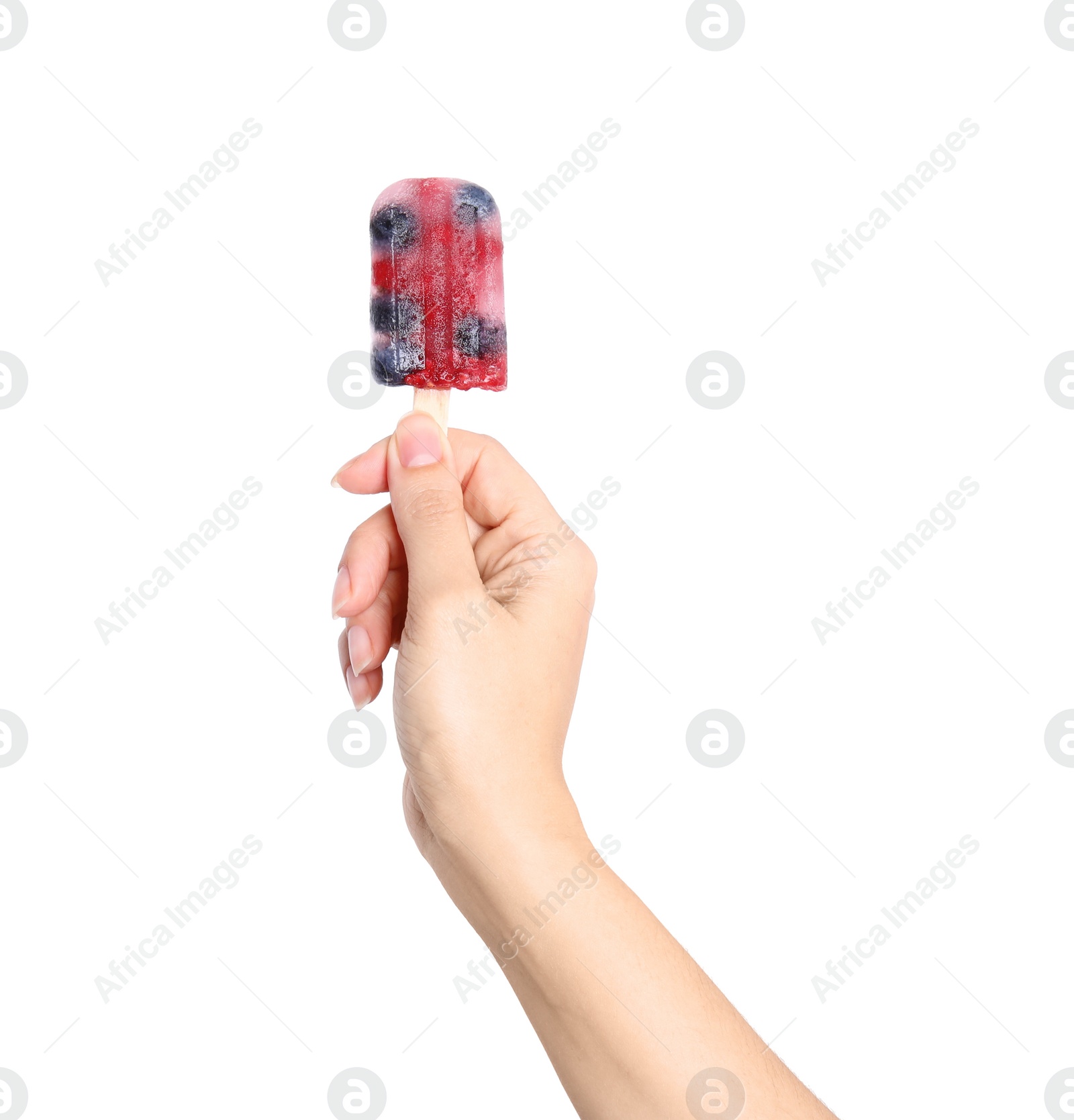 Photo of Woman holding berry popsicle on white background, closeup