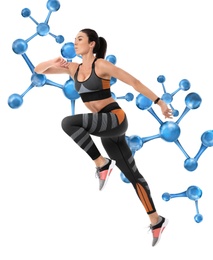 Image of Metabolism concept. Molecular chain illustration and athletic young woman running on white background 