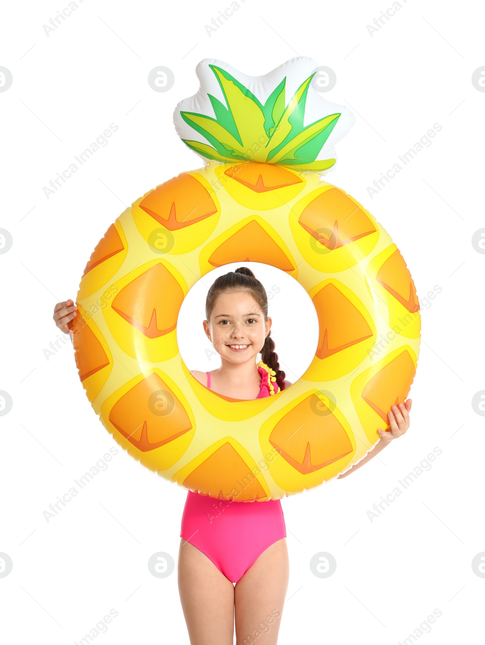 Photo of Cute little girl with bright inflatable ring on white background