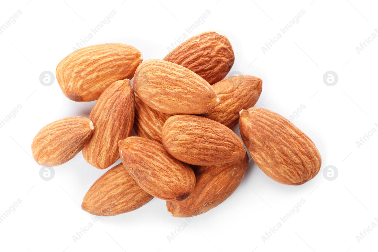 Photo of Organic almond nuts on white background, top view. Healthy snack