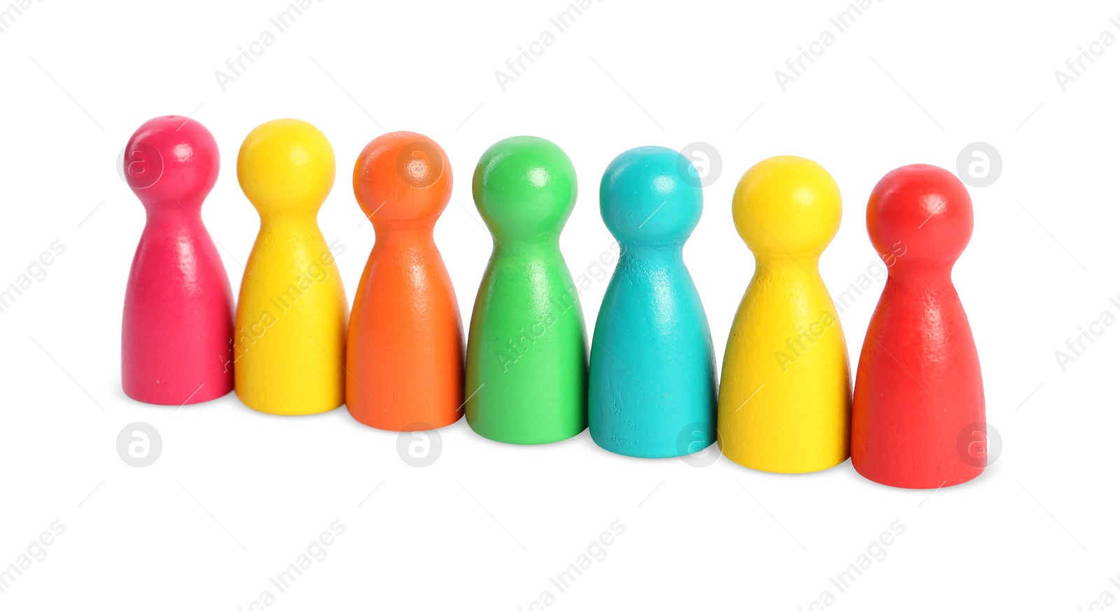 Photo of Colorful pawns on white background. Social inclusion concept
