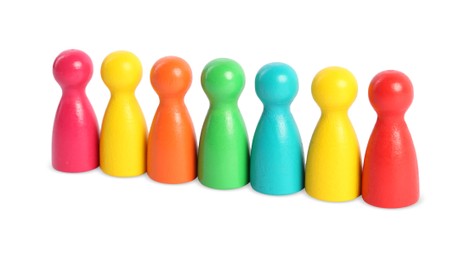 Photo of Colorful pawns on white background. Social inclusion concept