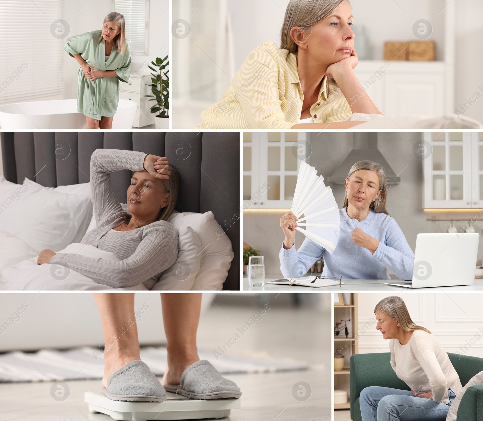 Image of Menopause, collage with photos of woman suffering from different symptoms