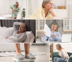 Image of Menopause, collage with photos of woman suffering from different symptoms