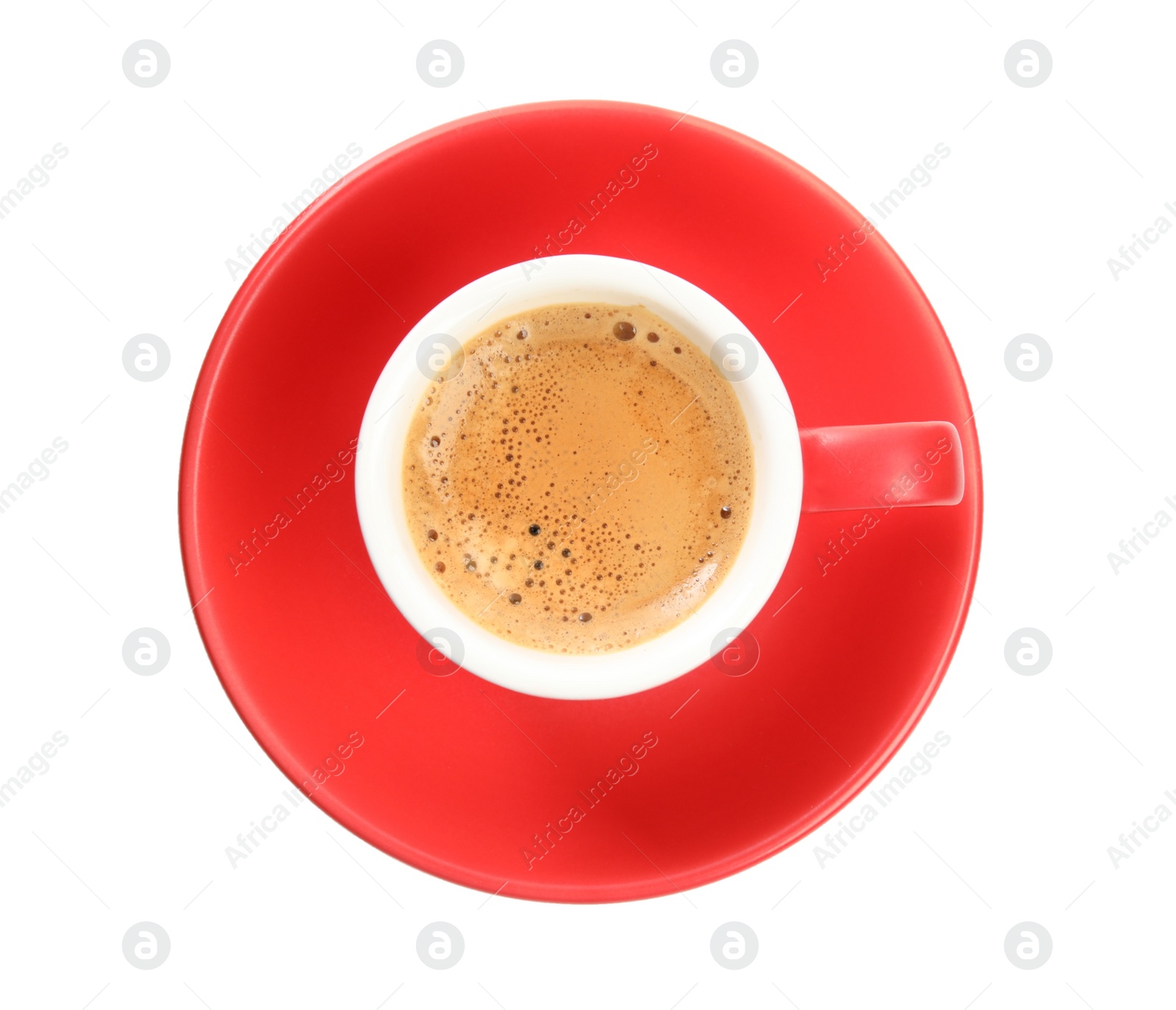 Photo of Cup of tasty coffee isolated on white, top view