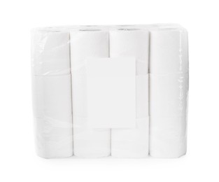 Photo of Package with many soft toilet paper rolls isolated on white