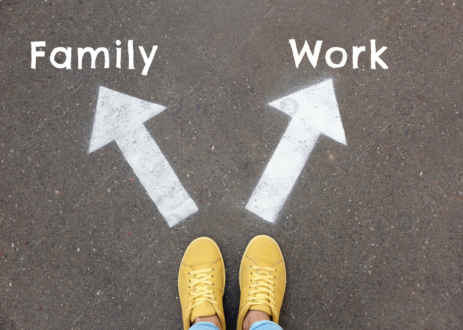 Image of Life choice. Woman on road near arrows with directions to family and career, top view