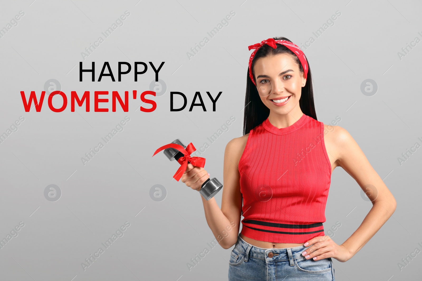 Image of Woman with dumbbell as symbol of girl power on light grey background. Happy Women's Day