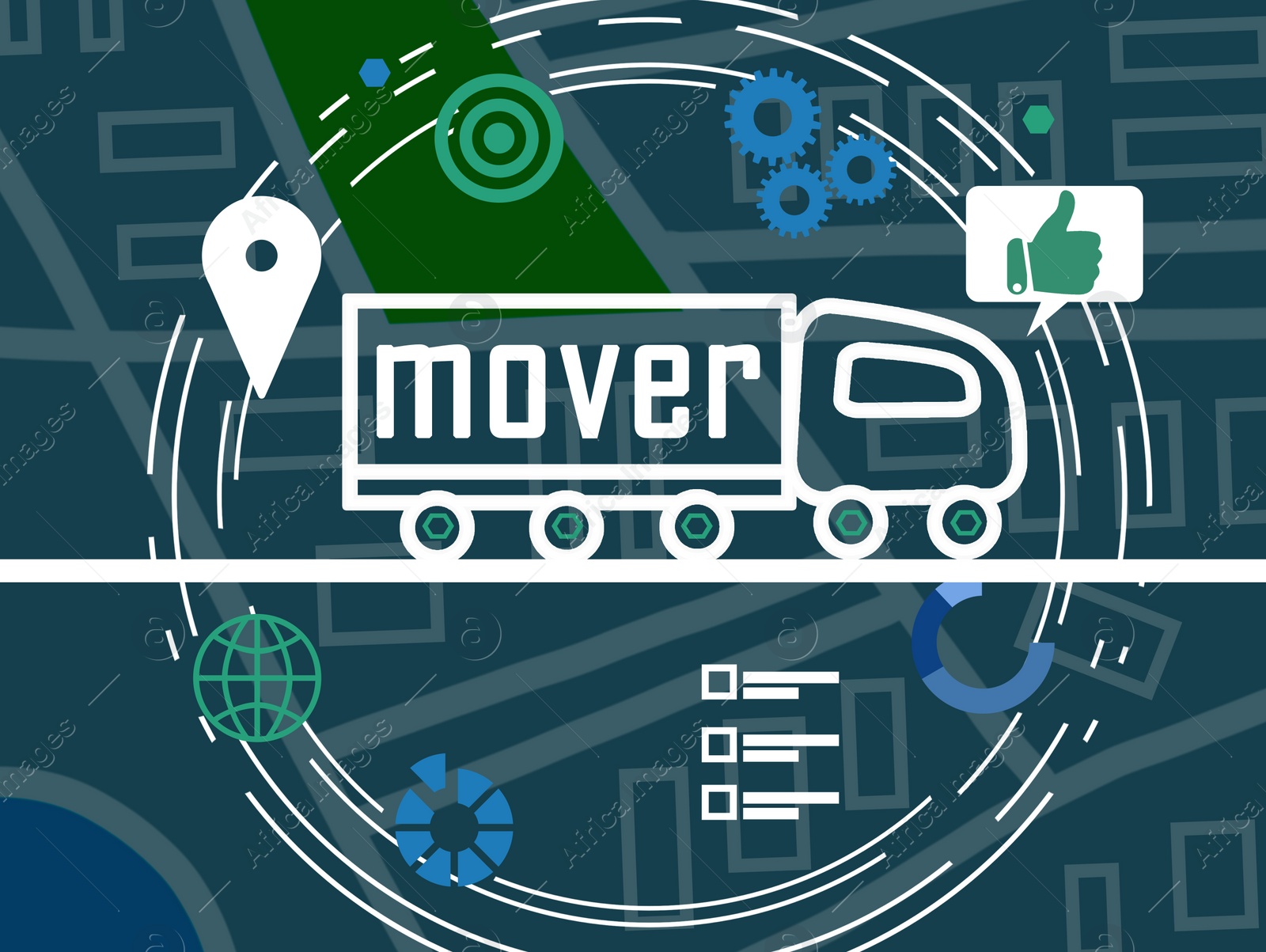 Image of Movers service. Illustration of truck, map and different icons