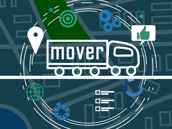 Image of Movers service. Illustration of truck, map and different icons