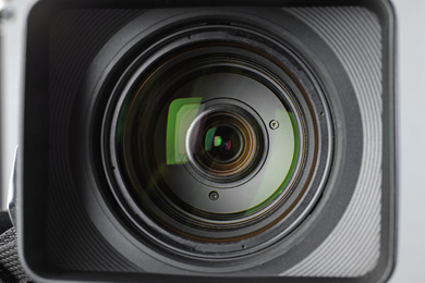 Photo of Professional video camera, closeup view of lens