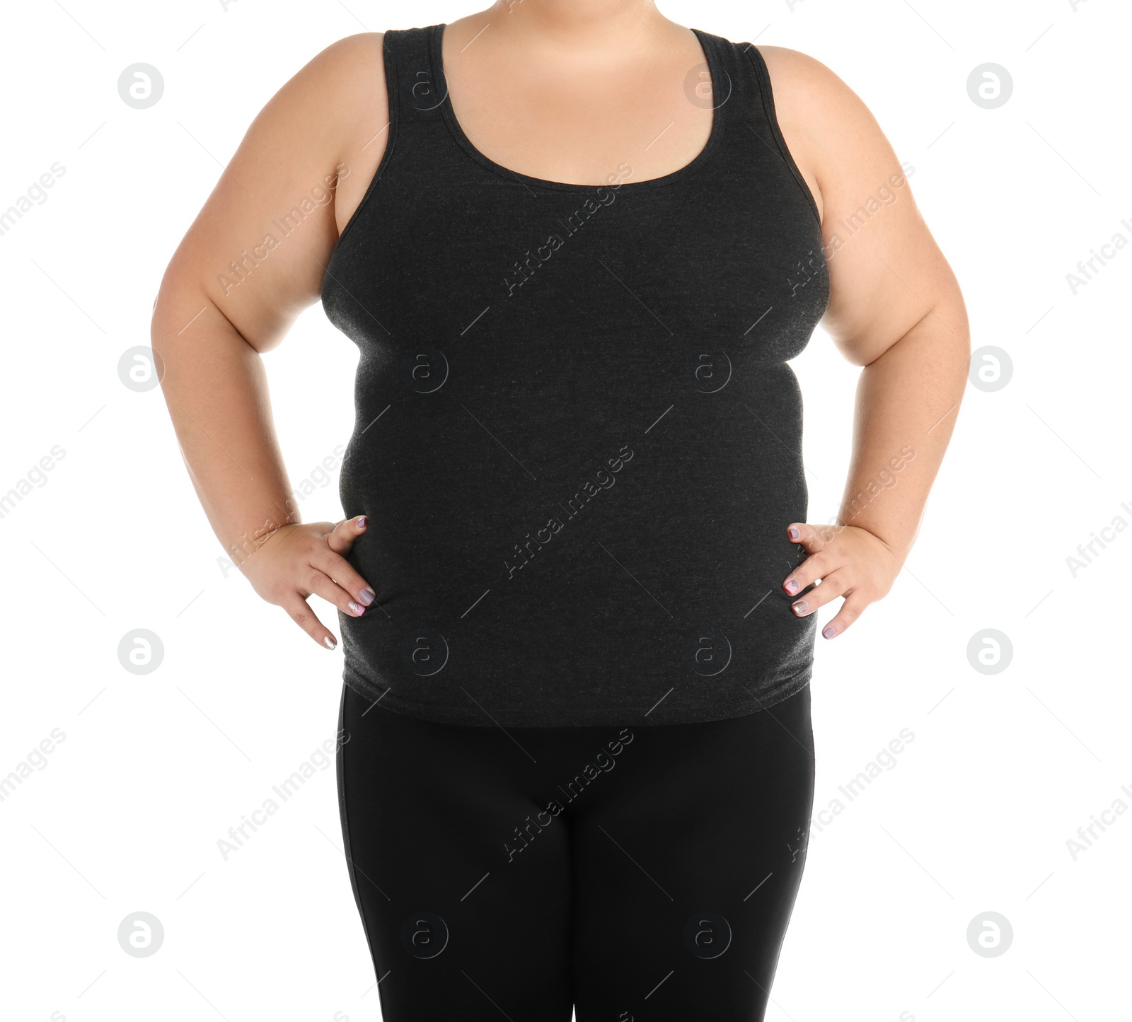 Photo of Overweight woman on white background, closeup view