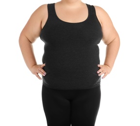 Overweight woman on white background, closeup view