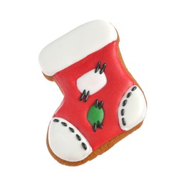 Delicious cookie in shape of Christmas stocking isolated on white