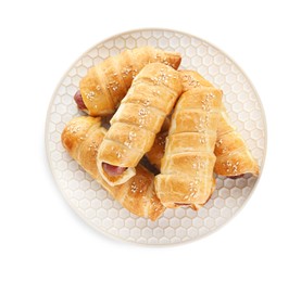 Photo of Plate with delicious sausage rolls isolated on white, top view